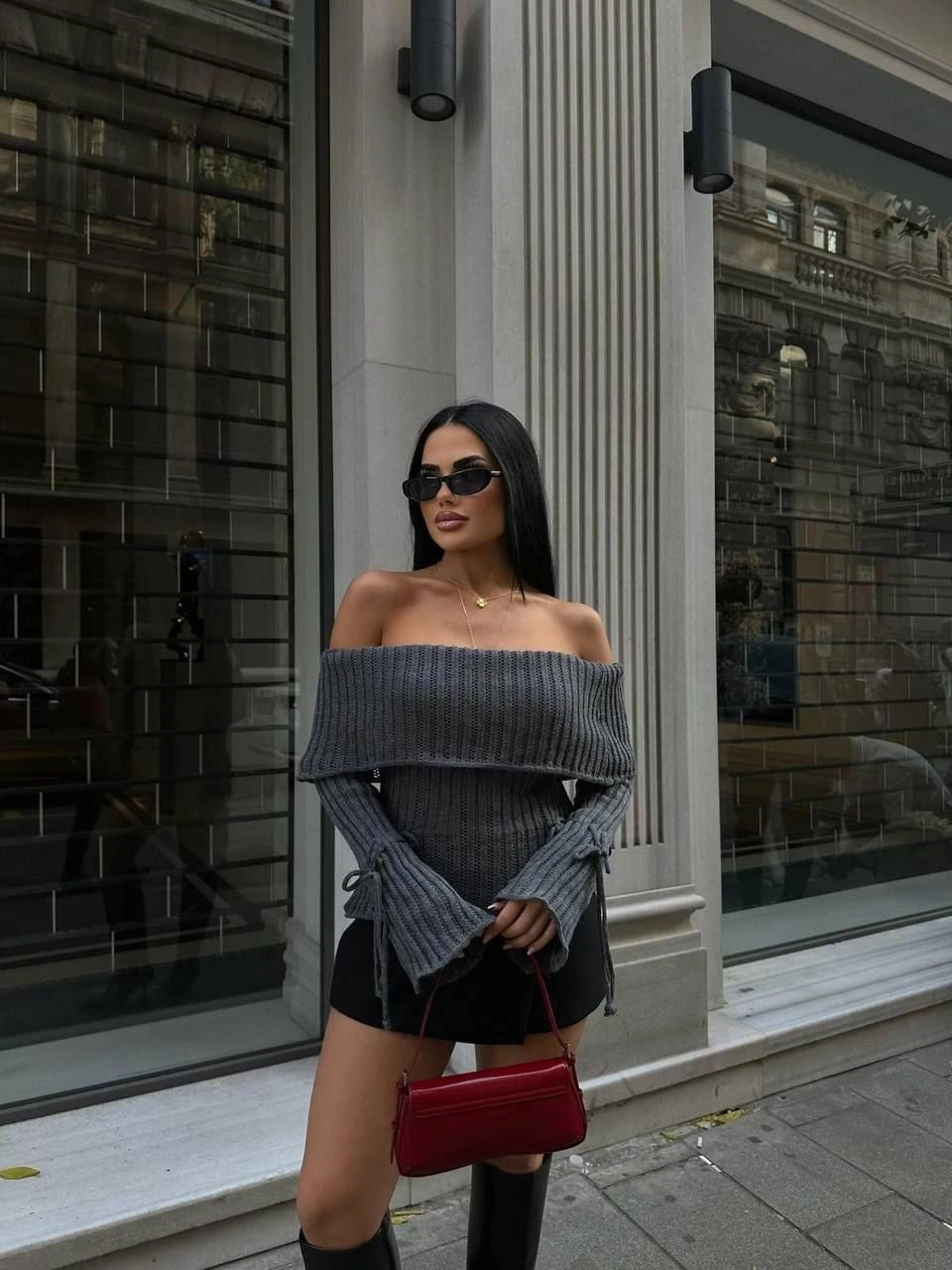 Kol Detay Madonna Yaka Triko Bluz Gri