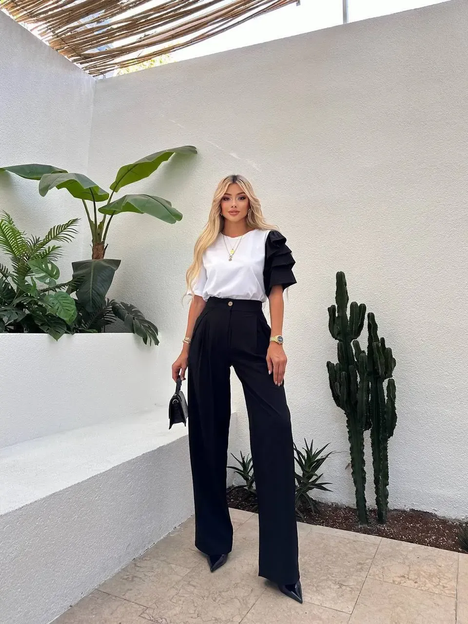 Kol Detay T-shirt ve Pantalon Alt Üst Takım Siyah