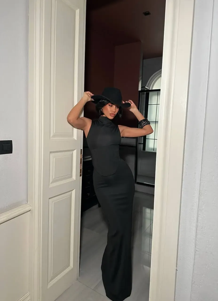 Korseli Balenli Maxi Boy Elbise Siyah