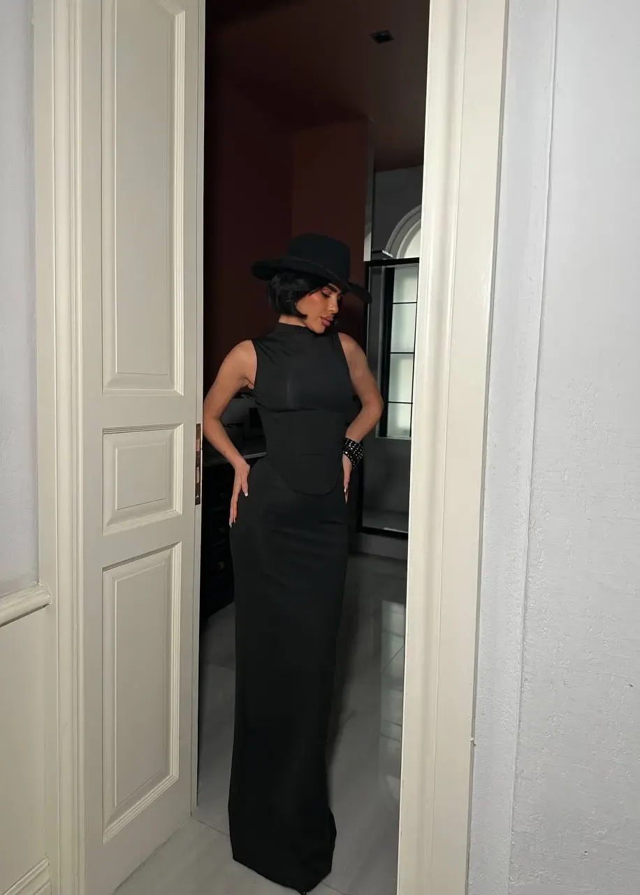 Korseli Balenli Maxi Boy Elbise Siyah