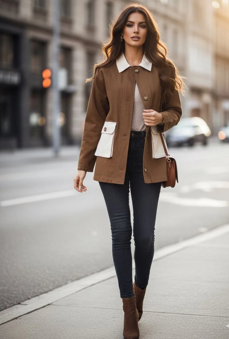 Körüklü Cep Detaylı Gabardin Ceket Kahve