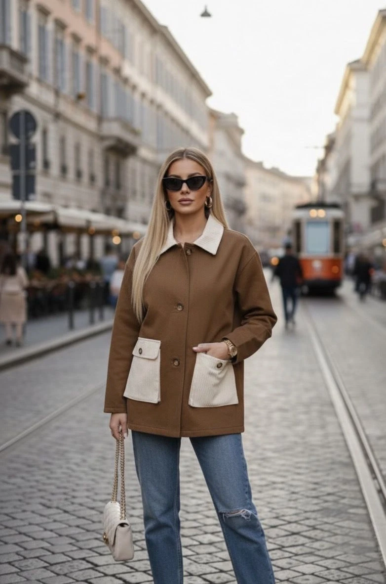 Körüklü Cep Detaylı Gabardin Ceket Kahve