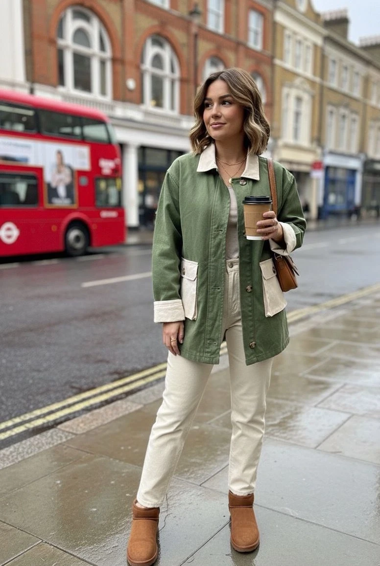 Körüklü Cep Detaylı Gabardin Ceket Yeşil
