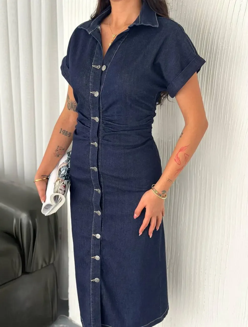 Koyu Lacivert Düğmeli Midi Boy Jean Elbise