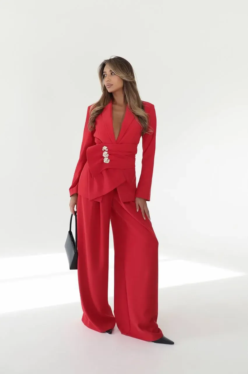 Kruvaze Yaka Taş Detaylı Ceket Pantalon Premium Takım Kırmızı