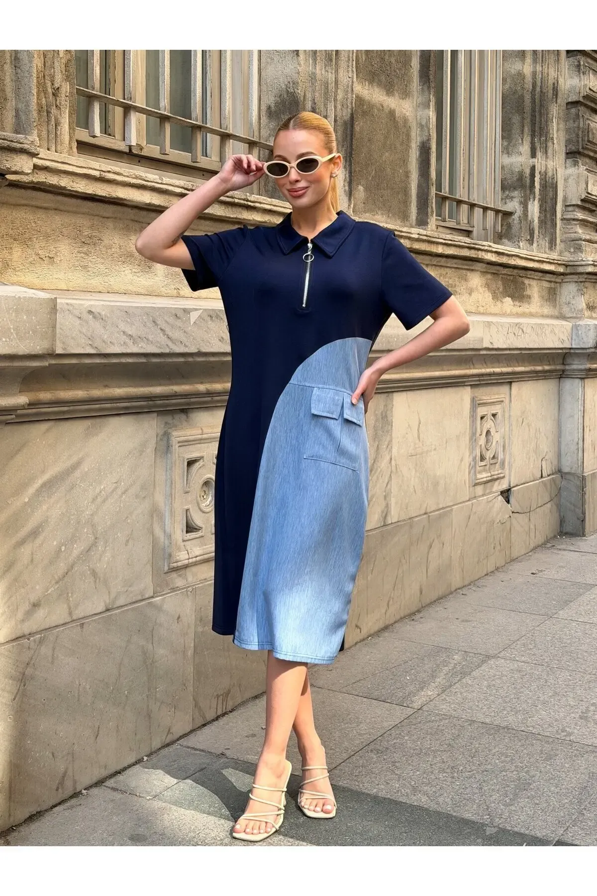 Lacivert Fermuar Detay Modal ve Tensel Kumaş Elbise