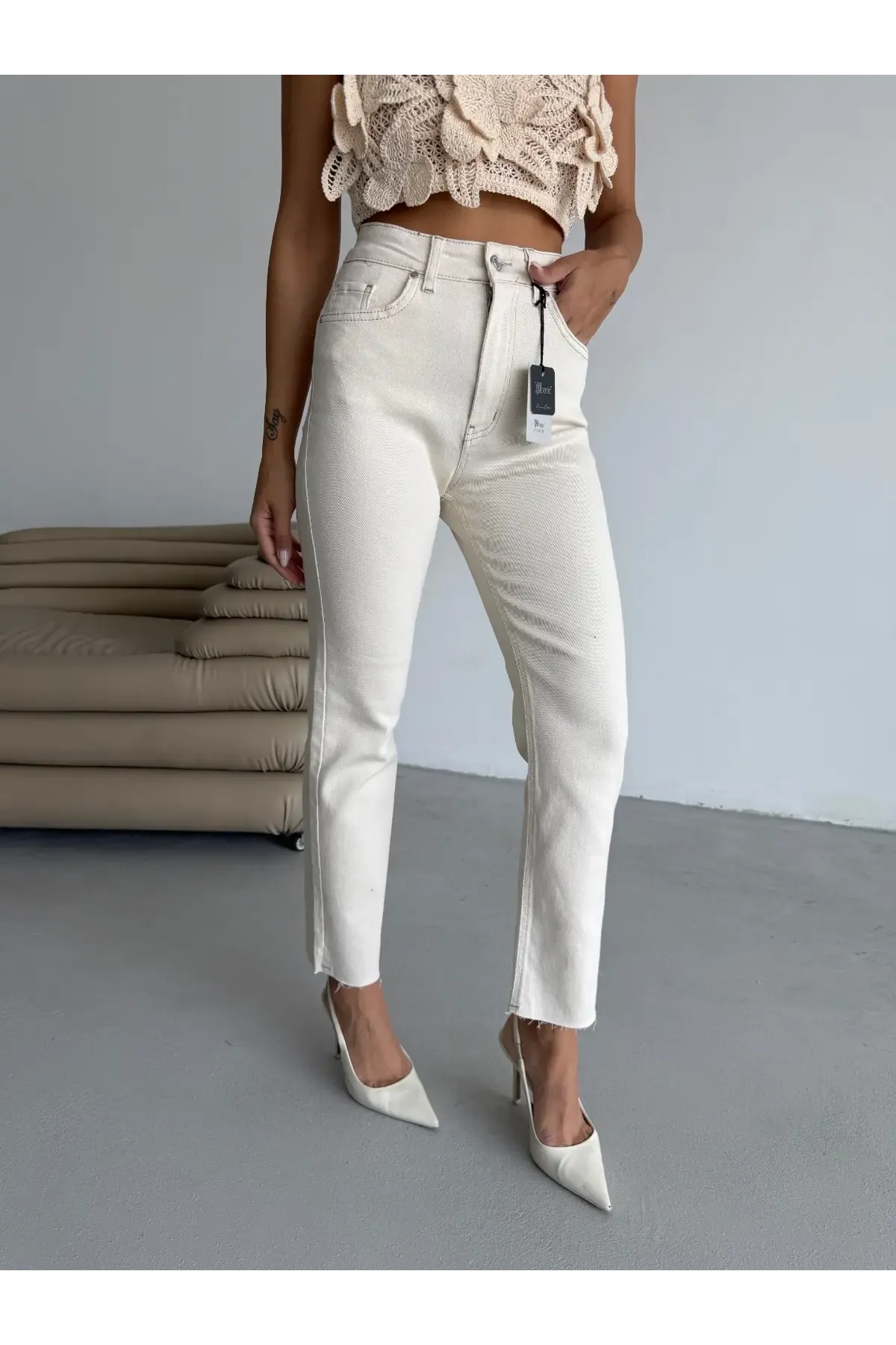 Likralı Boyfit Beyaz Jean