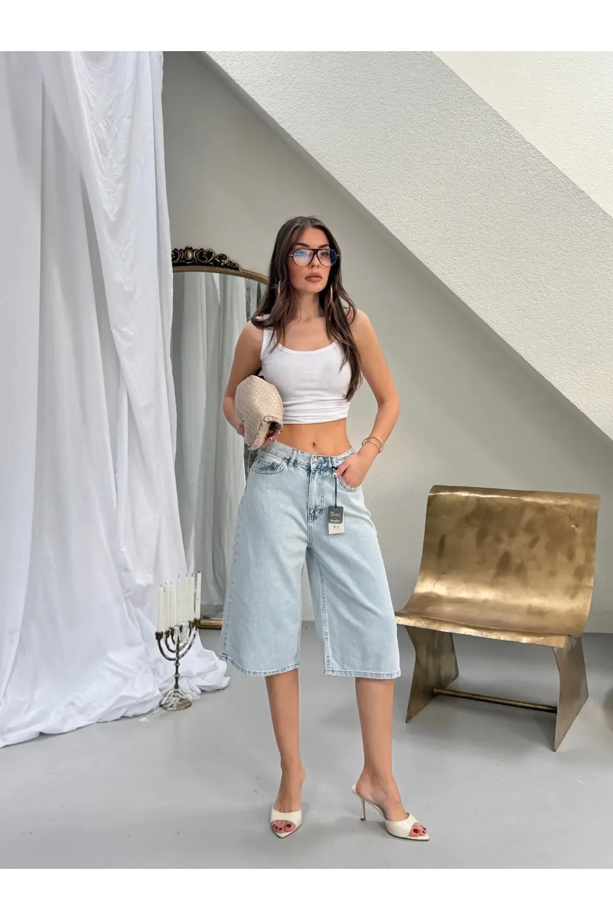 Likrasız Bermuda Jean Şort