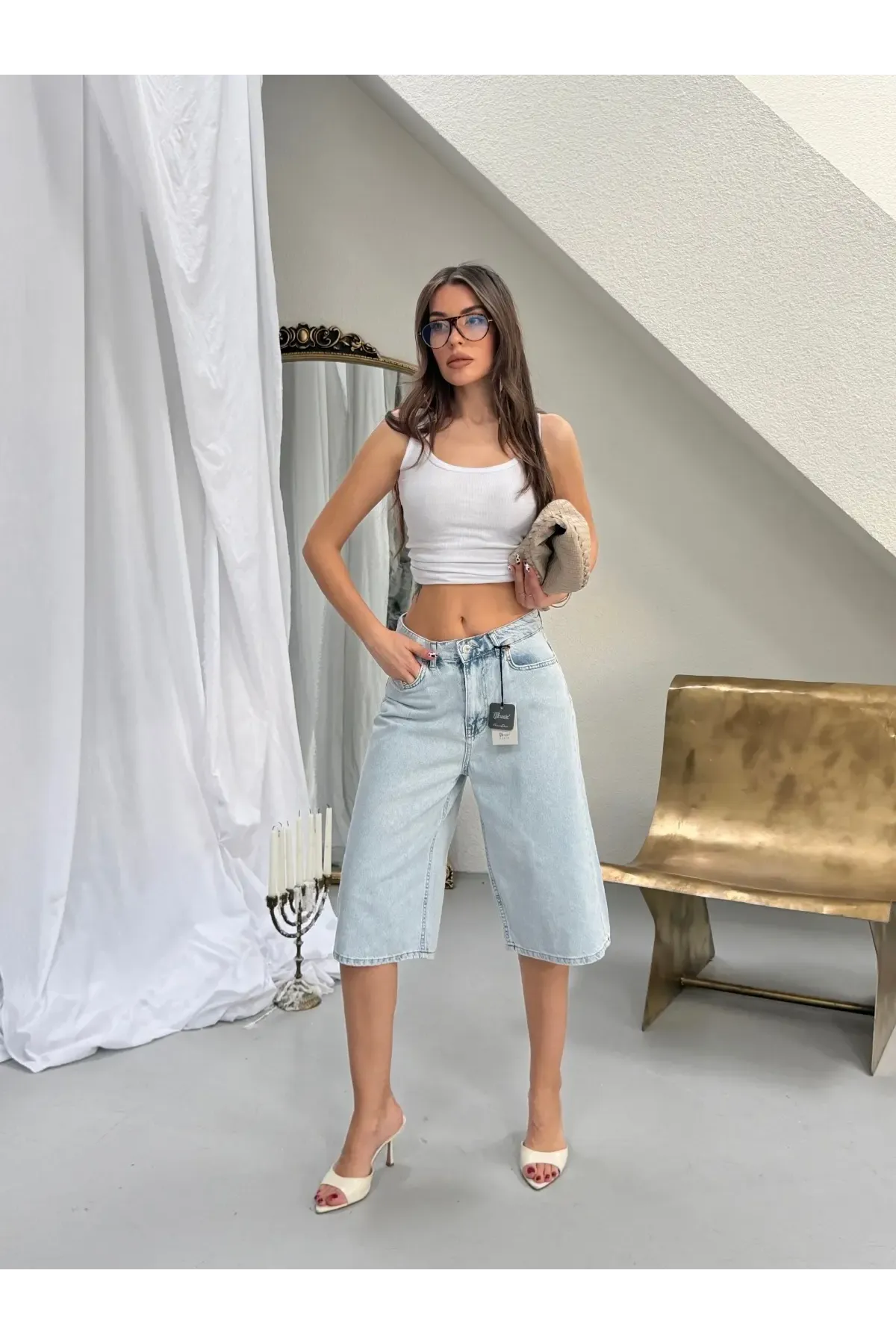 Likrasız Bermuda Jean Şort