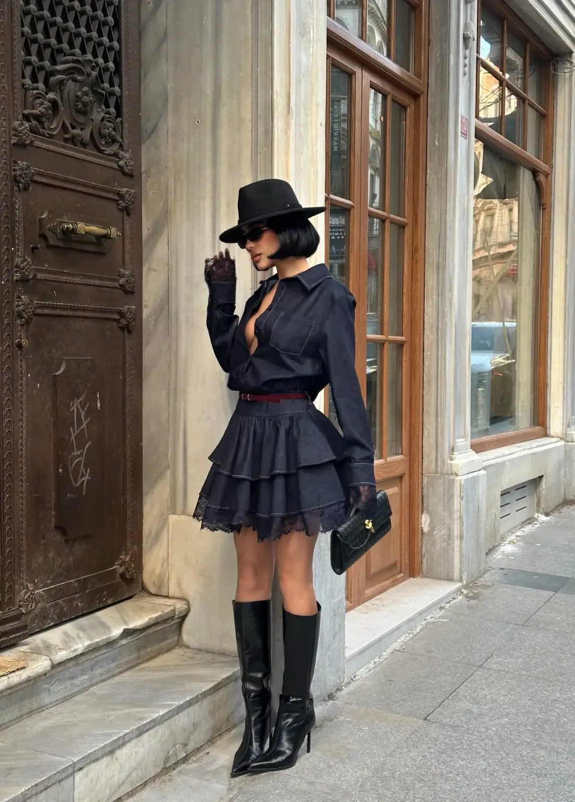 Likrasız Dantel Detaylı Denim Elbise