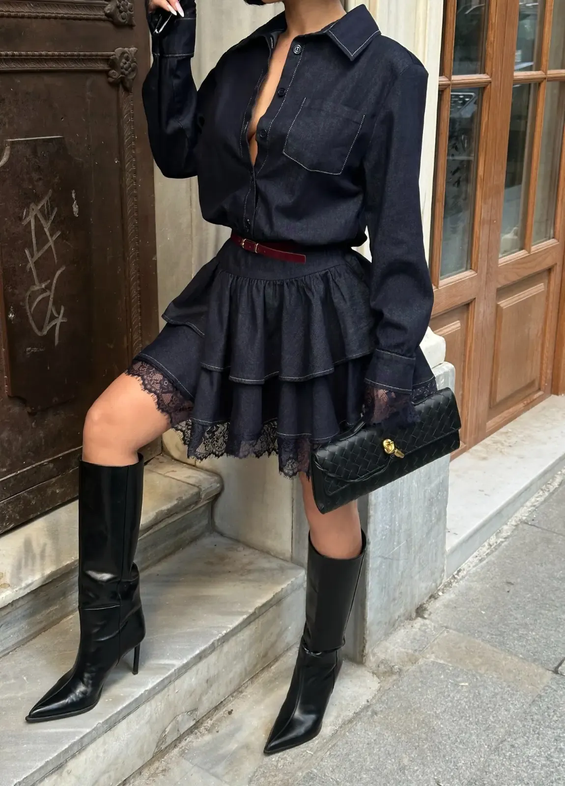 Likrasız Dantel Detaylı Denim Elbise