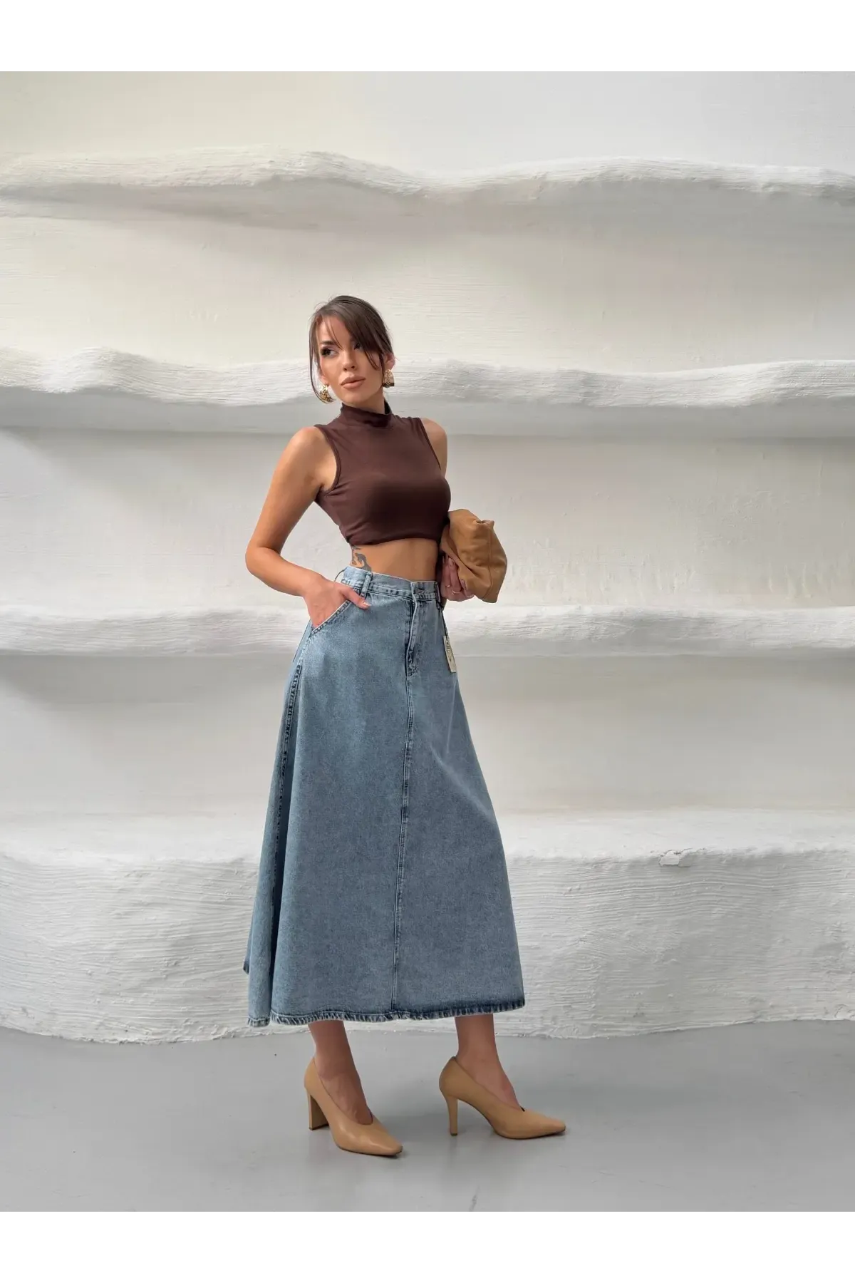 Likrasız Denim Çan Etek