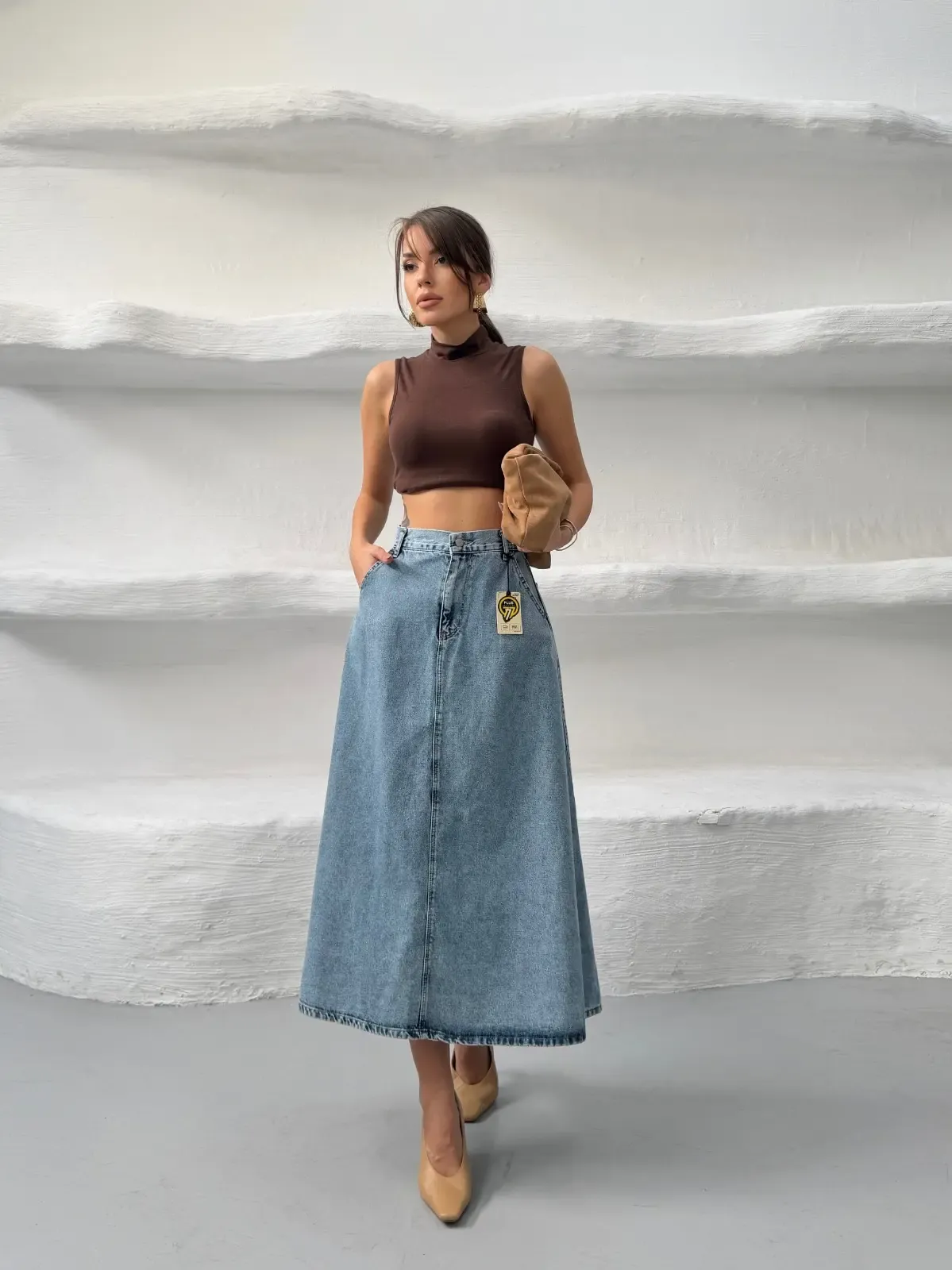 Likrasız Denim Çan Etek