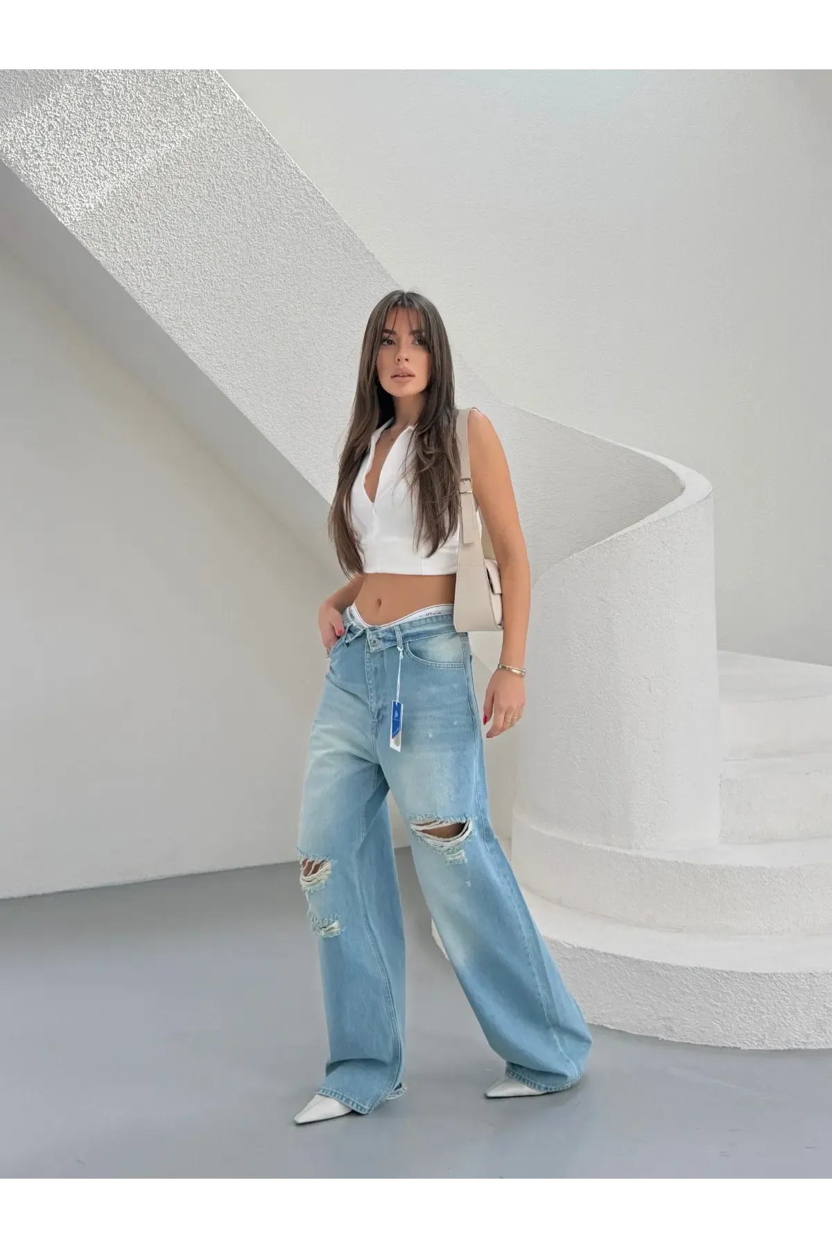 Likrasız Katlama Kemer Wide Leg Jeans