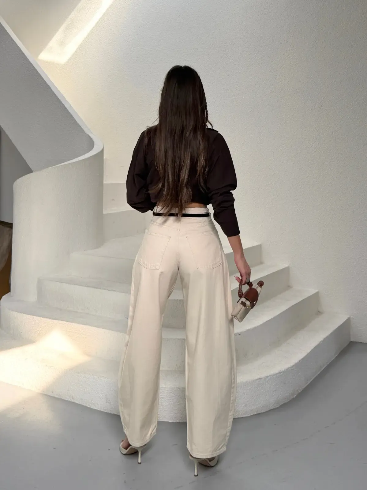 Likrasız Kemerli Balon Jean Pantalon