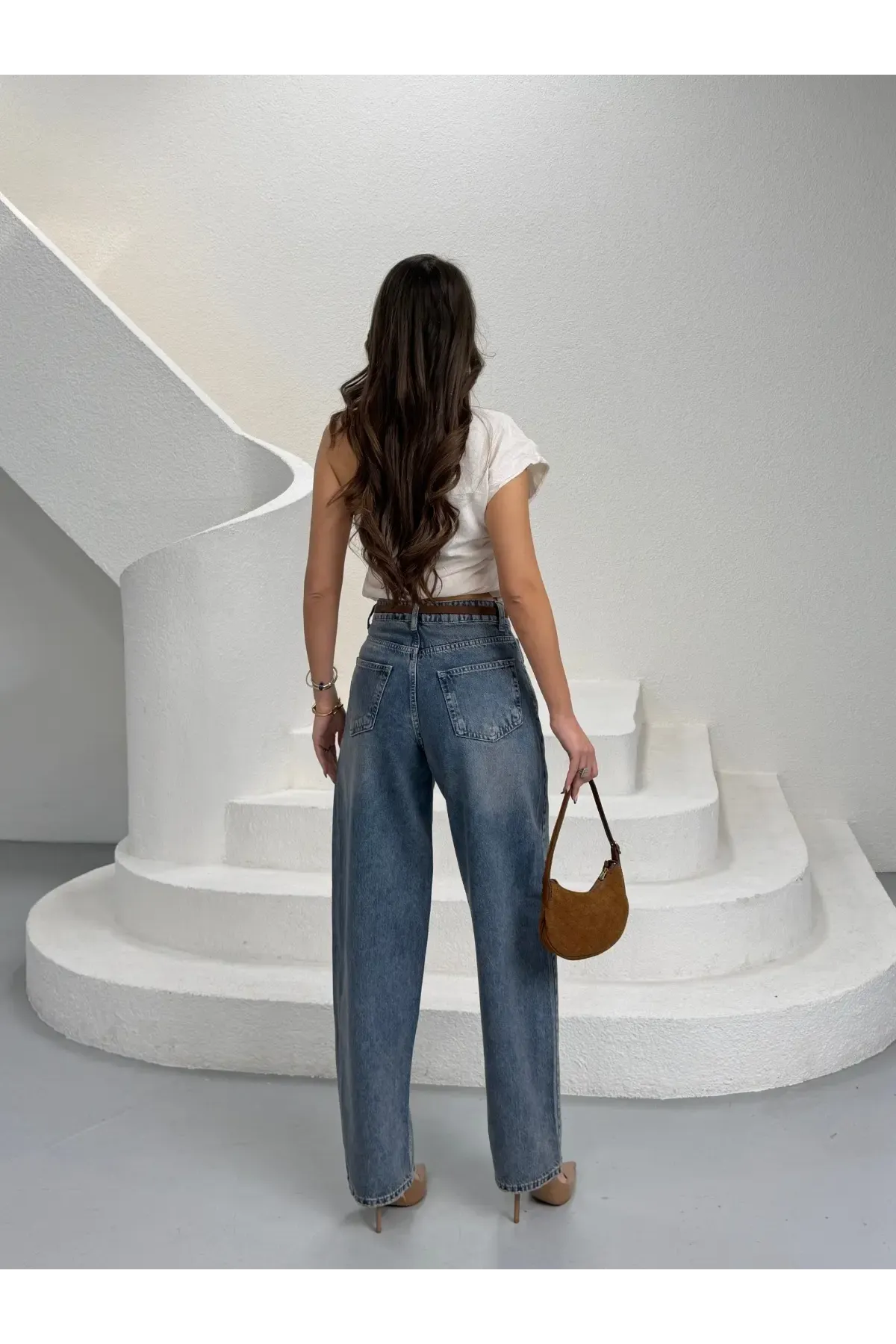 Likrasız Kemerli Balon Jeans