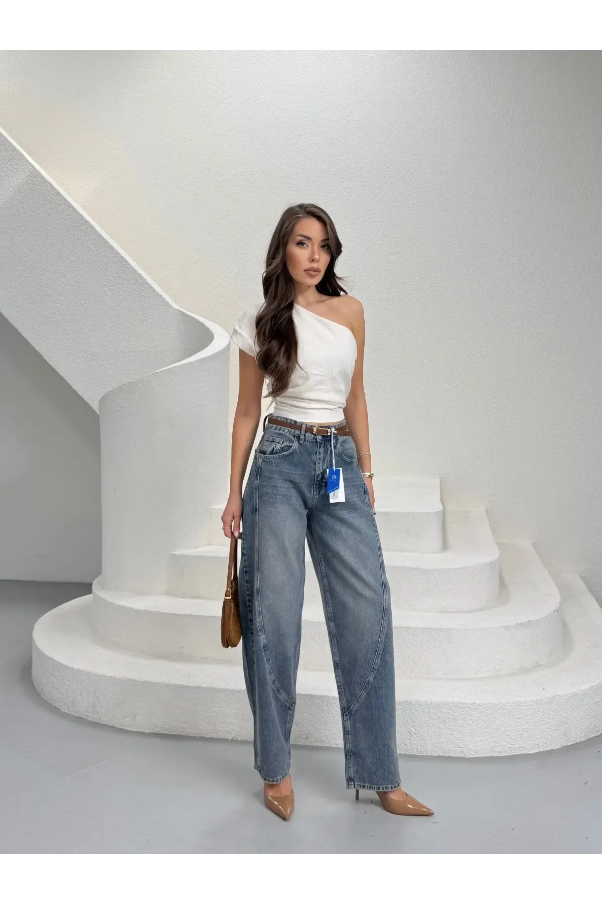 Likrasız Kemerli Balon Jeans