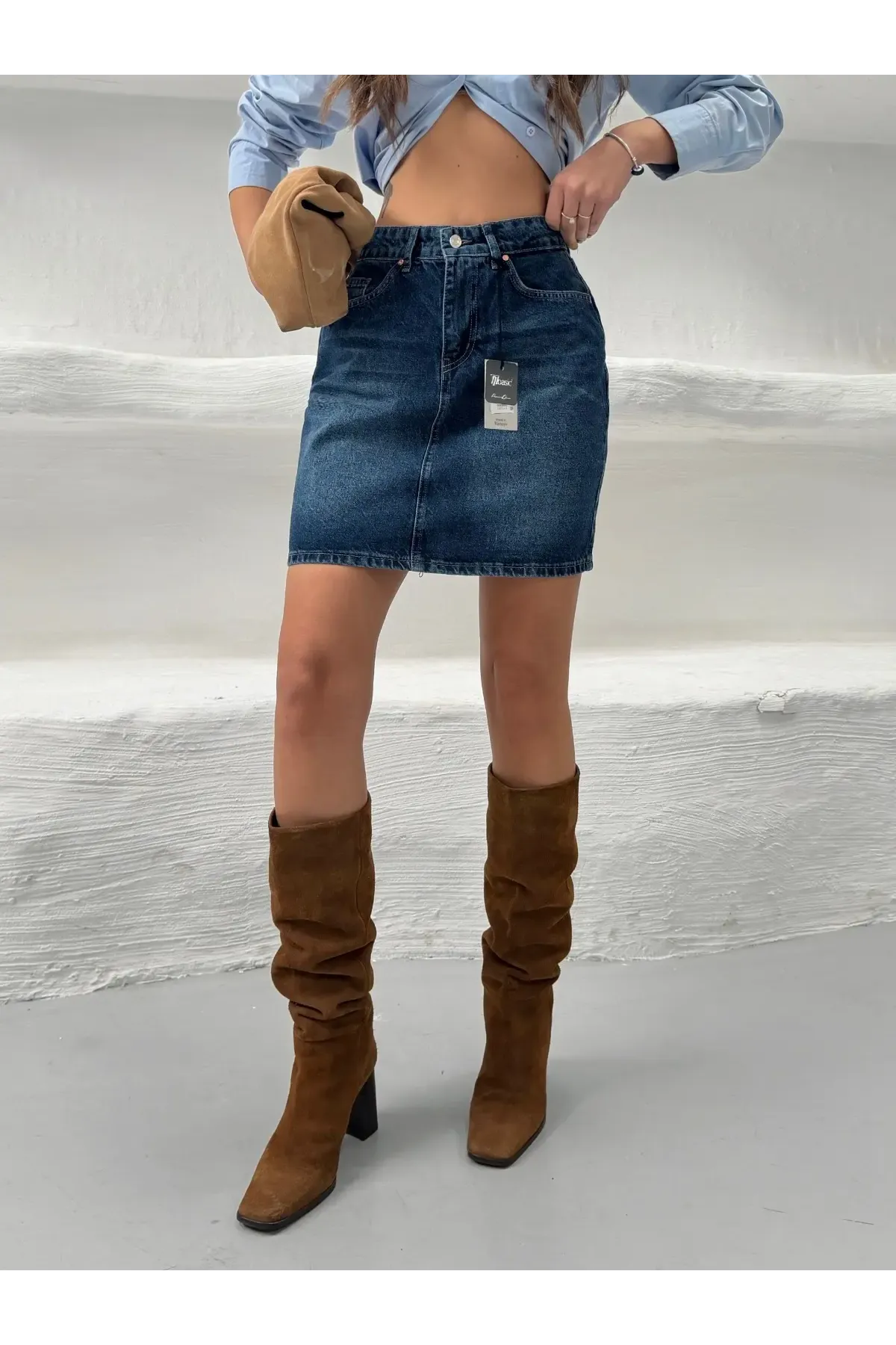 Likrasız Mini Jean Etek Mavi