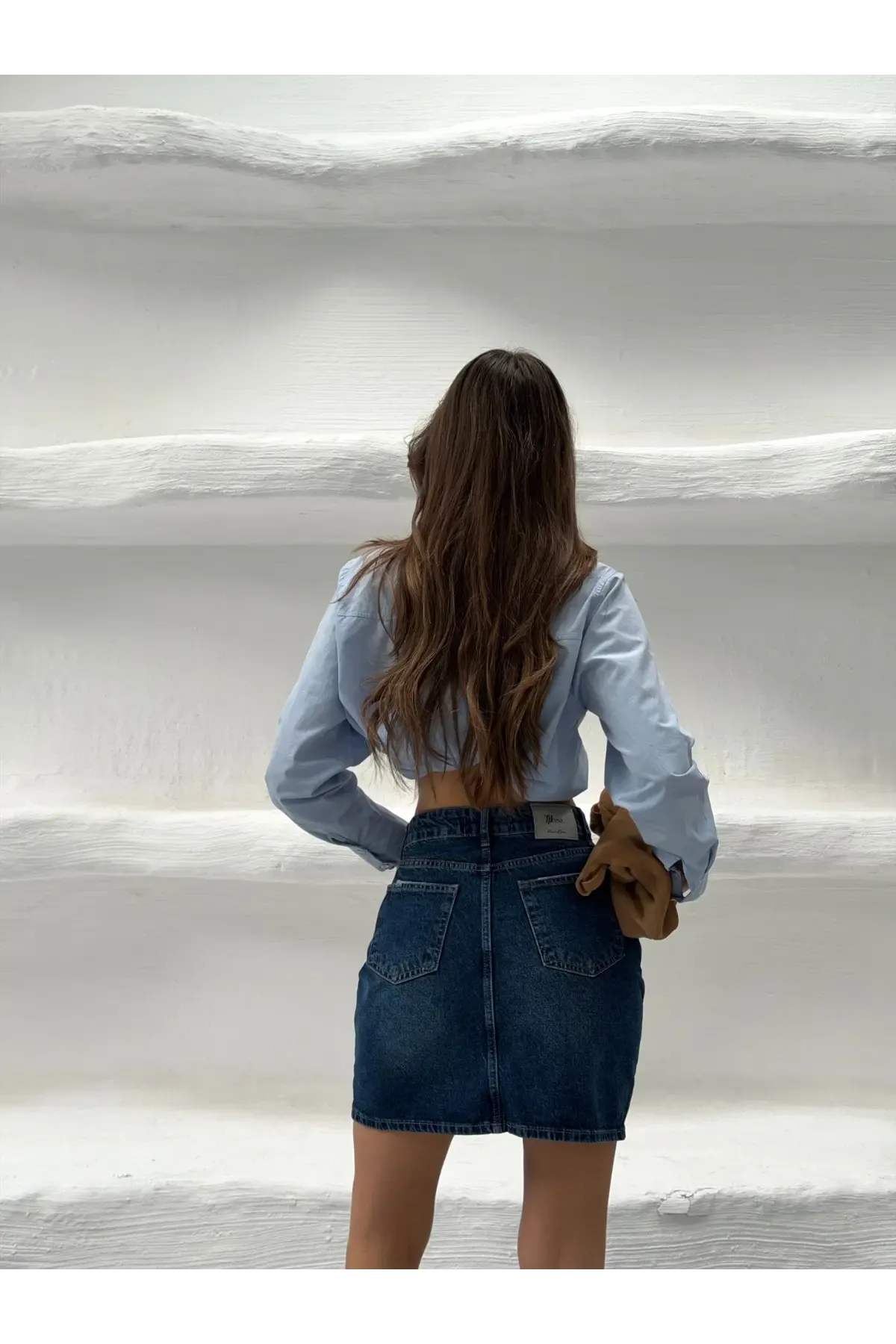 Likrasız Mini Jean Etek Mavi