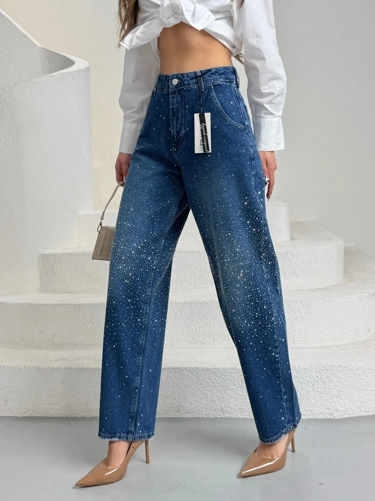 Likrasız Taşlı Balon Jean