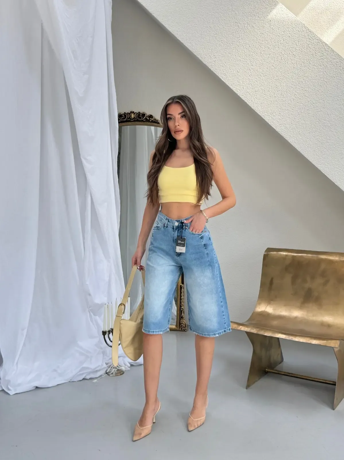 Likrasız Tensel Jeans Bermuda Şort