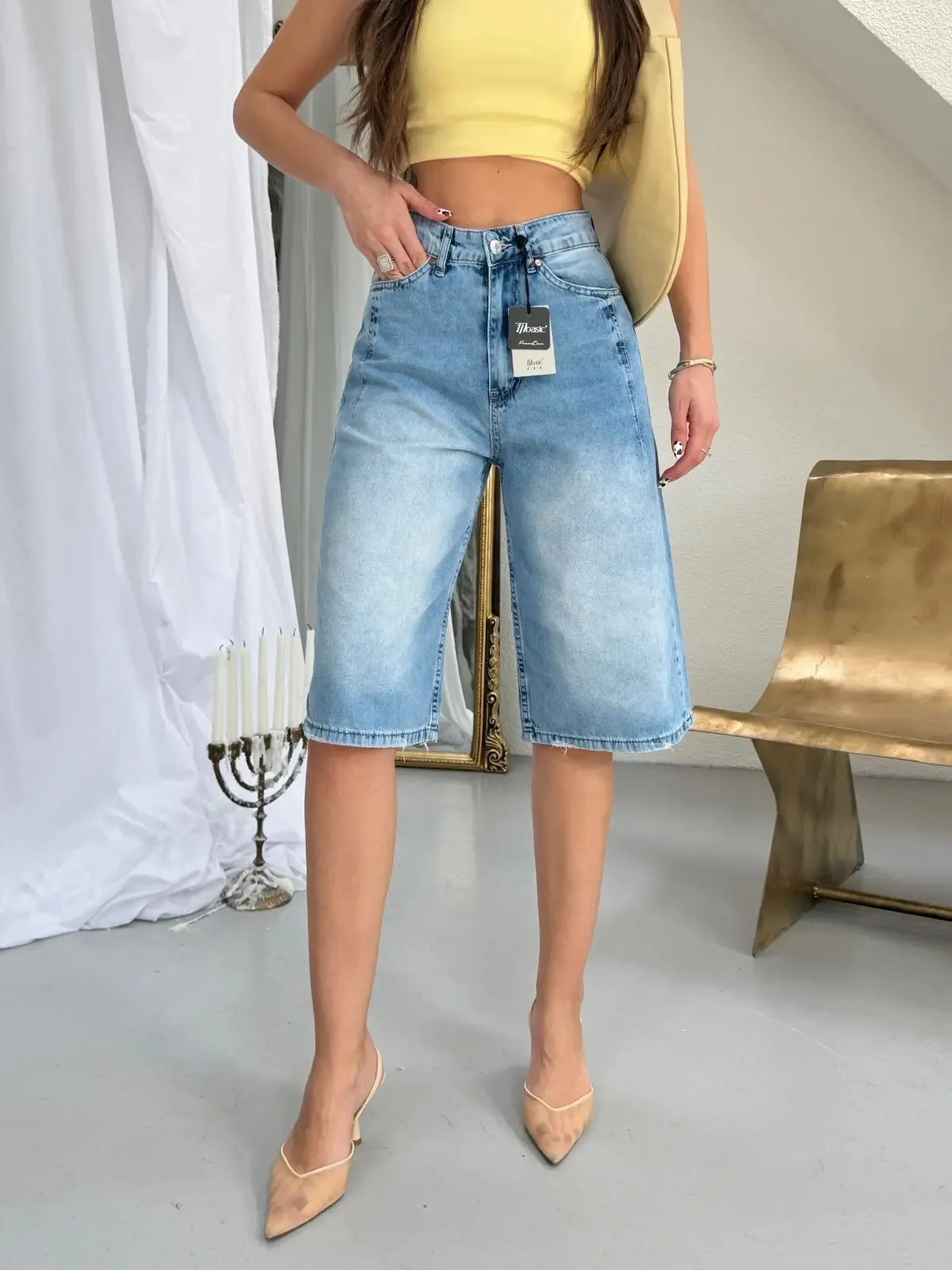 Likrasız Tensel Jeans Bermuda Şort