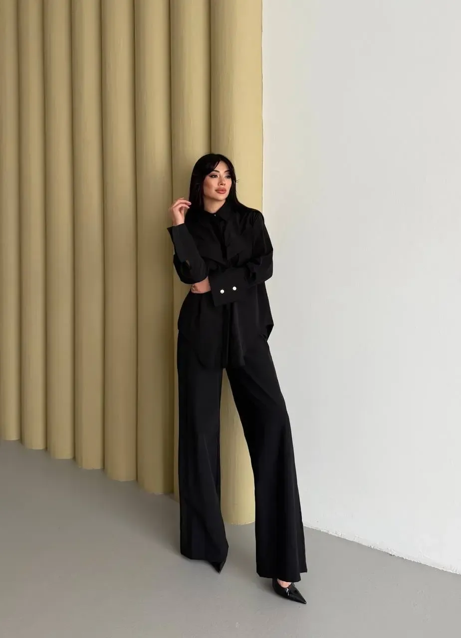 Manşet Detay Gömlek ve Pantalon Takım Siyah