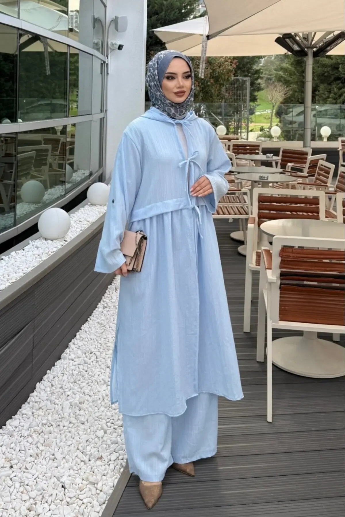 Mavi Önden Bağlamalı Keten Takım