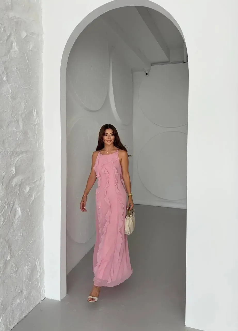 Maxi Boy Fırfır Detaylı Şifon Elbise