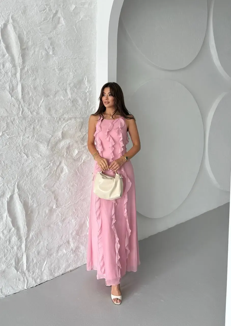 Maxi Boy Fırfır Detaylı Şifon Elbise