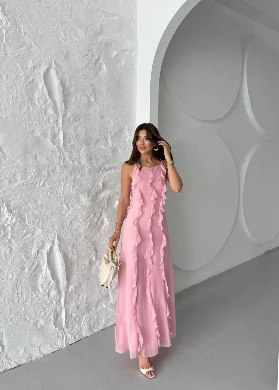 Maxi Boy Fırfır Detaylı Şifon Elbise