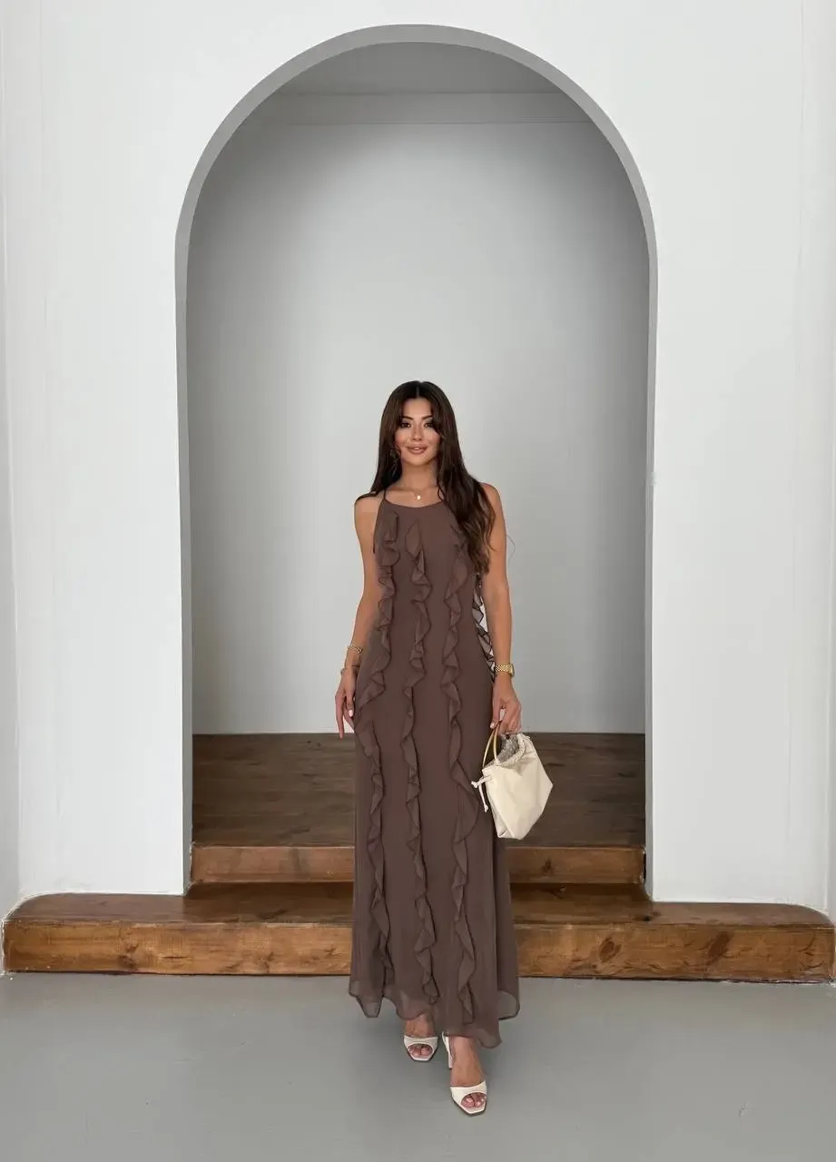 Maxi Boy Fırfır Detaylı Şifon Elbise