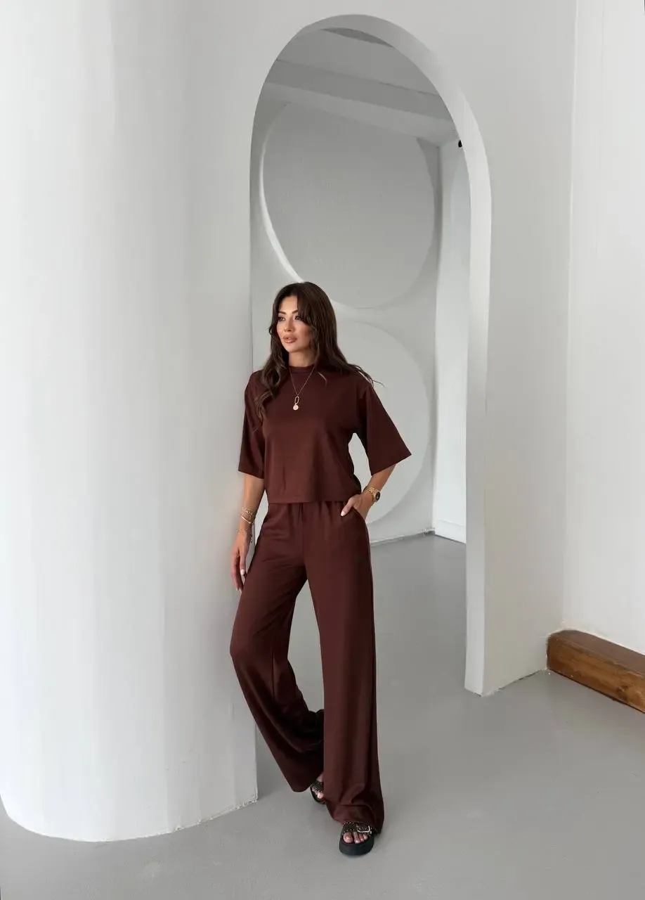 Modal Kumaş Alt Üst Kısa Kol Basic Takım Kahve