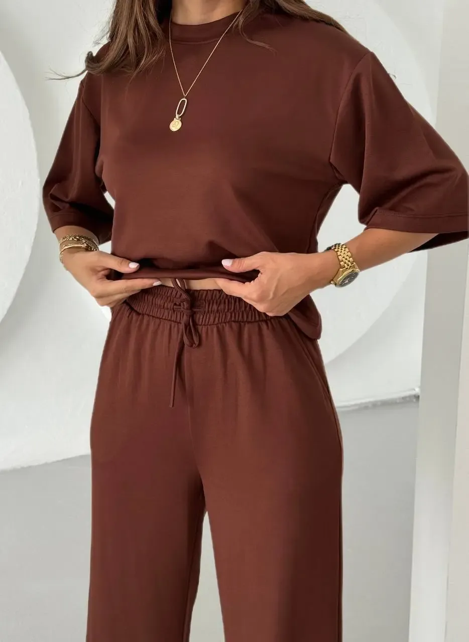 Modal Kumaş Alt Üst Kısa Kol Basic Takım Kahve