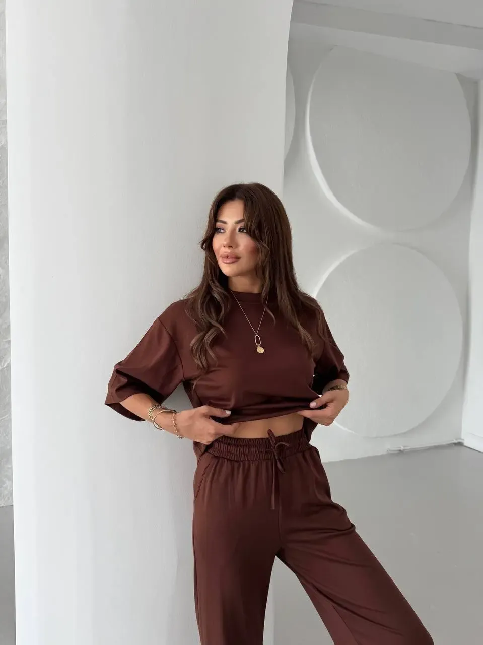 Modal Kumaş Alt Üst Kısa Kol Basic Takım Kahve