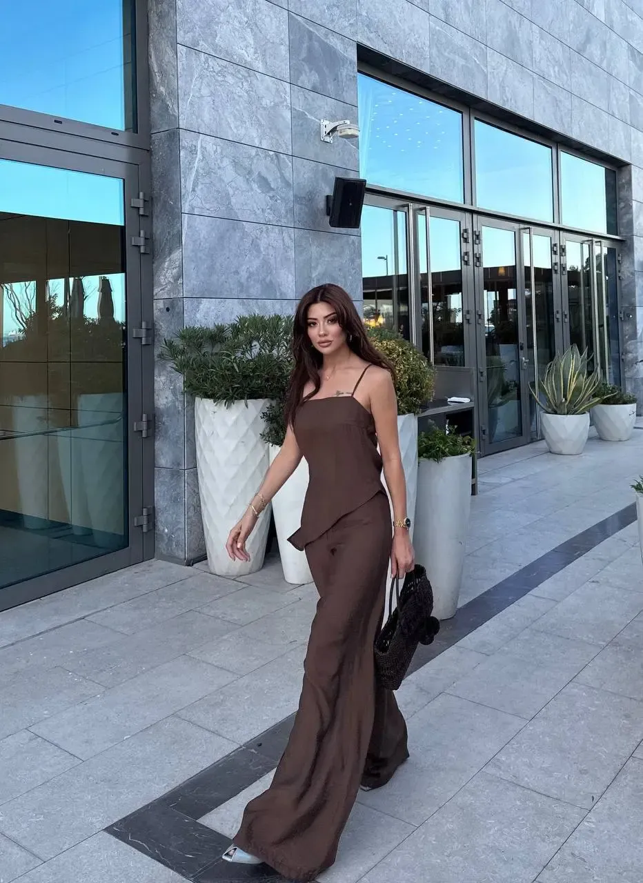 Modal Kumaş Asimetreik Kesim Alt Üst Takım Kahve