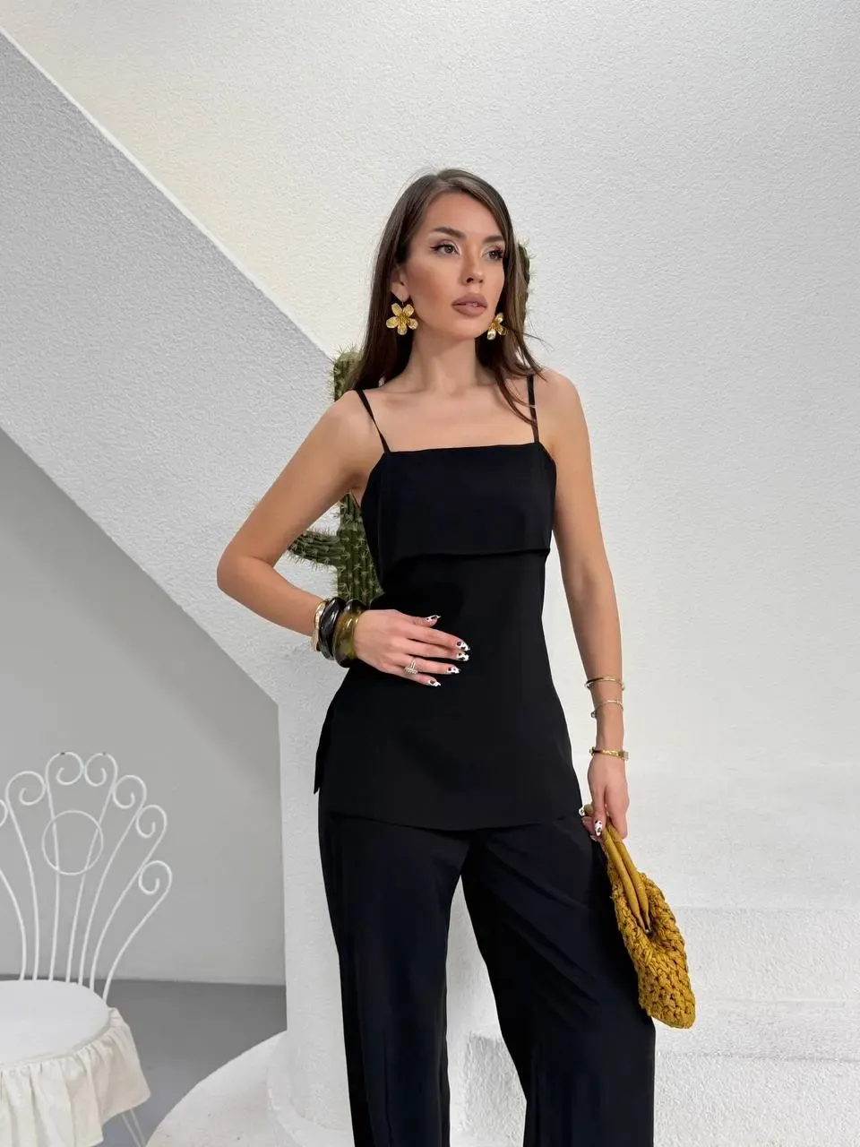 Modal Kumaş Askılı Bluz Alt Üst Takım Siyah