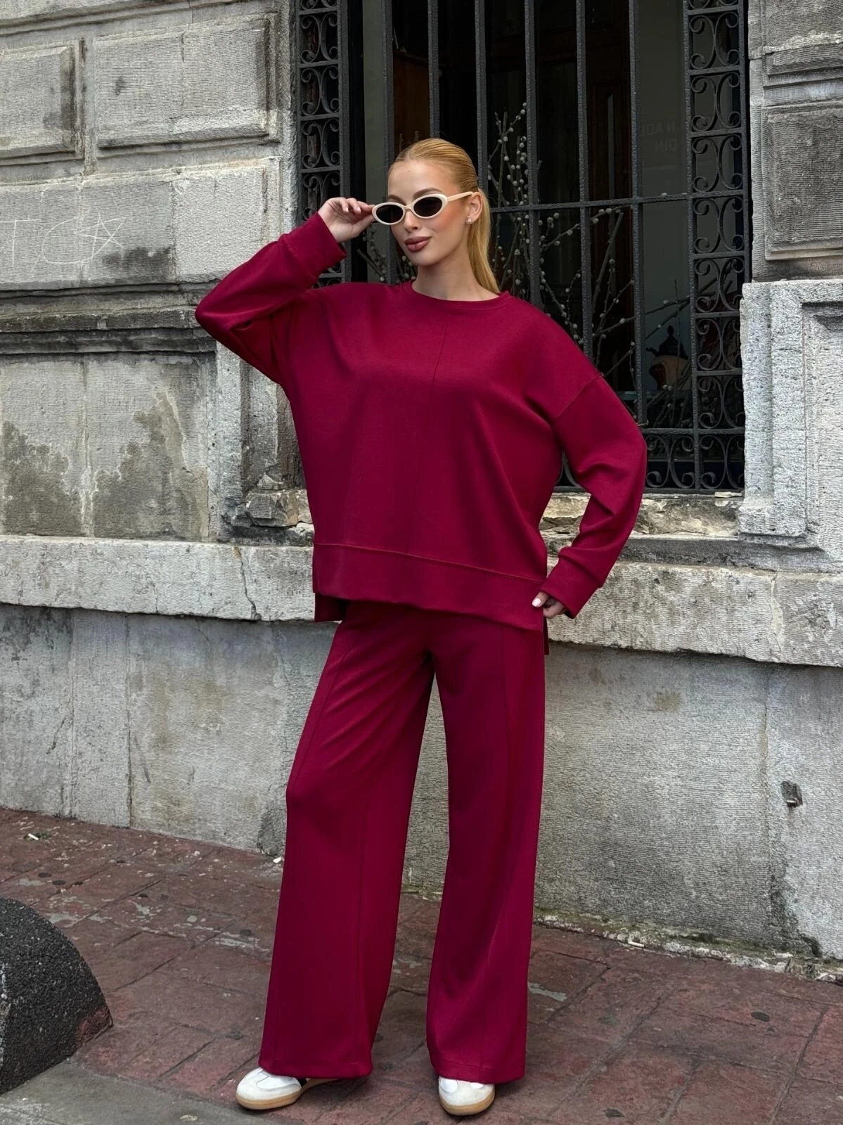 Modal Kumaş Bordo Oversize Sweat İkili Takım