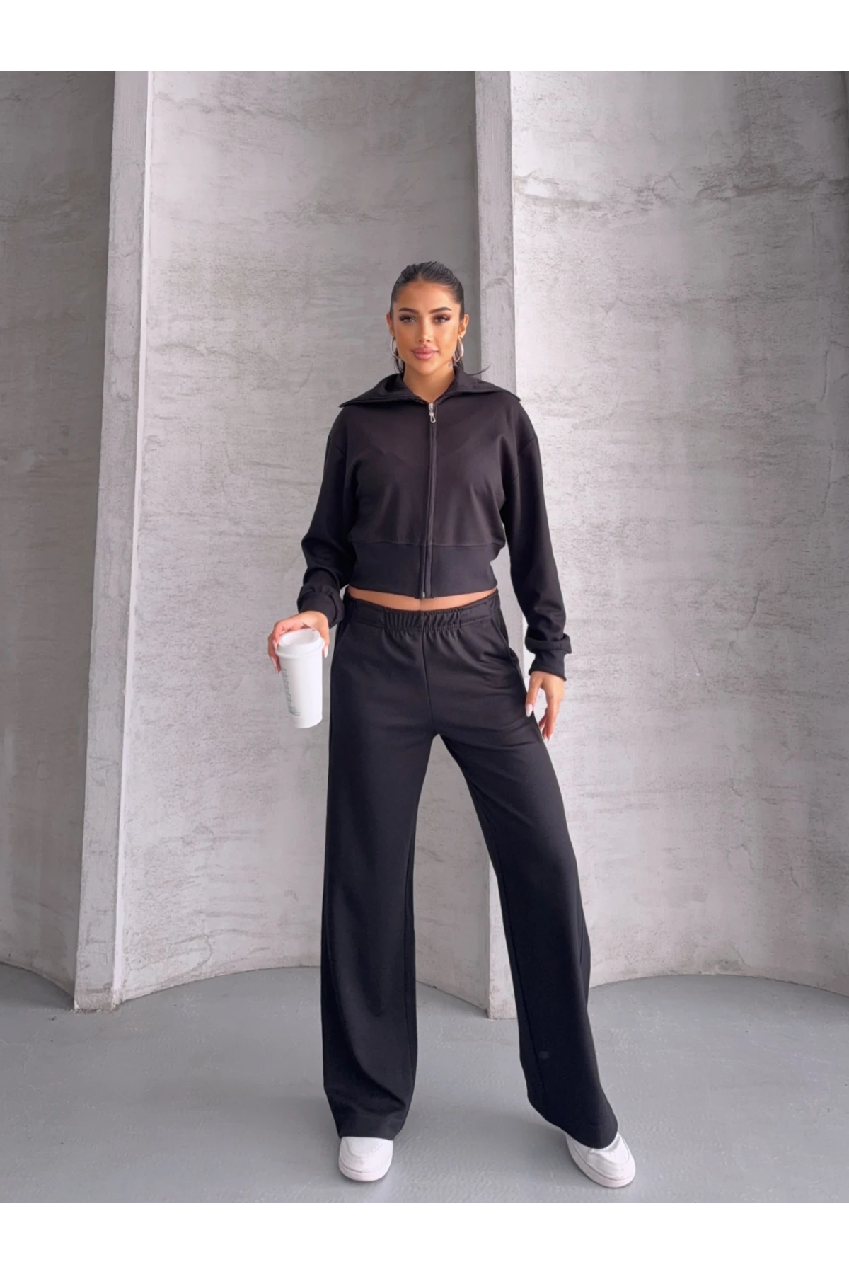 Modal Kumaş Crop Üst Eşofman Takım Siyah