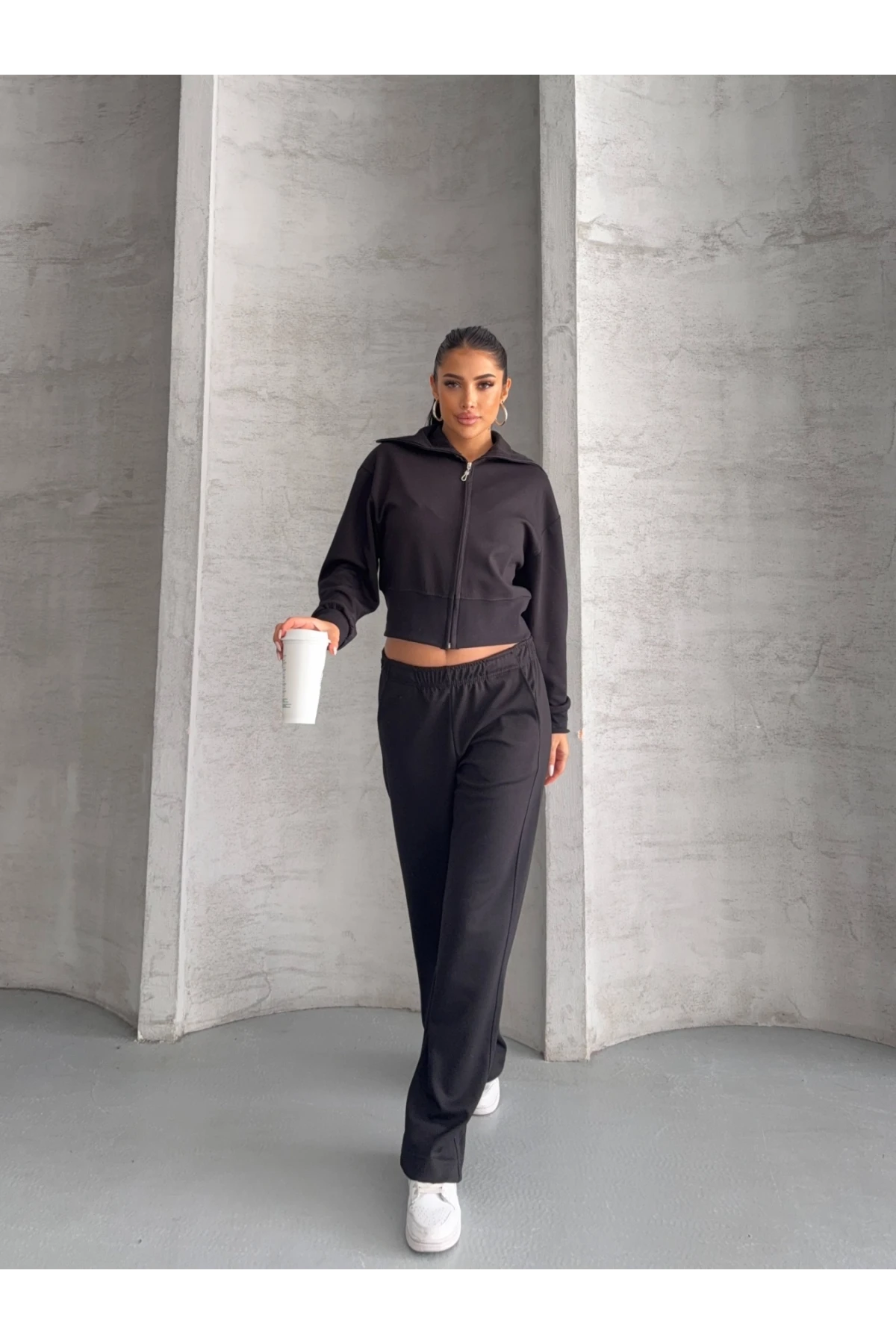 Modal Kumaş Crop Üst Eşofman Takım Siyah