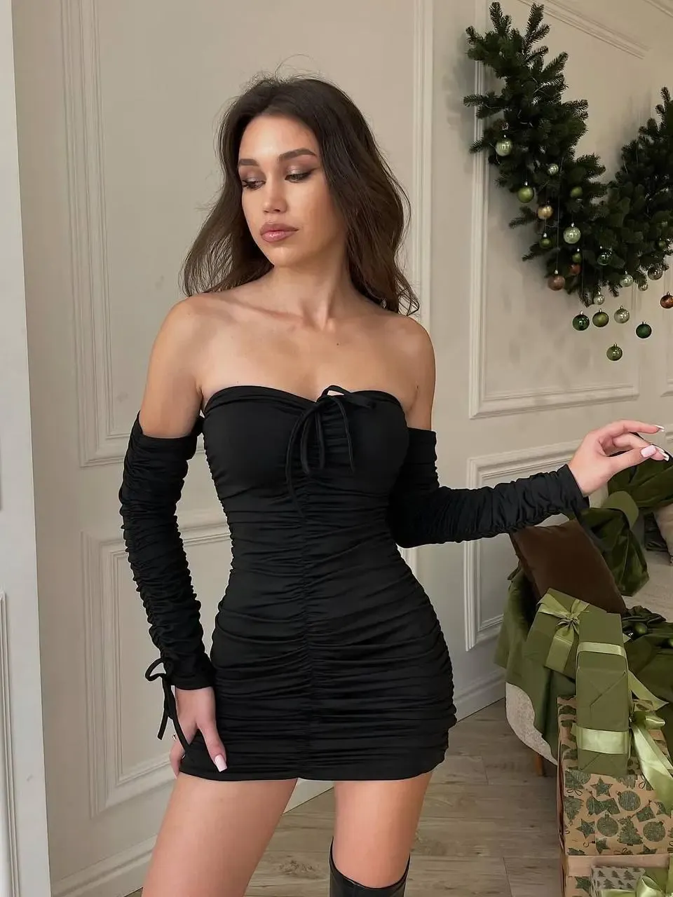 Modal Kumaş Drape Detaylı Mini Elbise Siyah