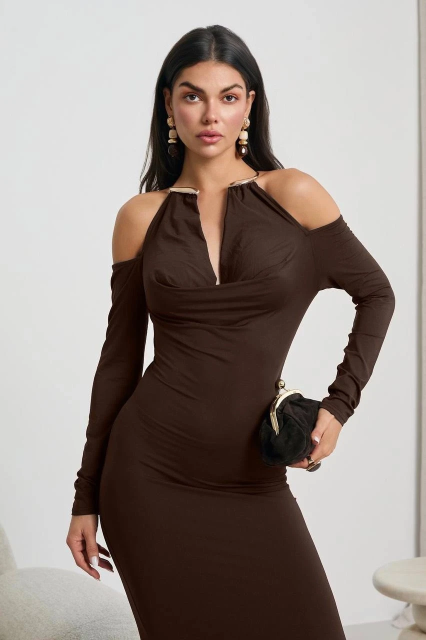 Modal Kumaş Likralı Aksesuar Detay Maxi Elbise