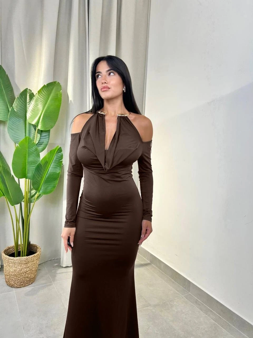 Modal Kumaş Likralı Aksesuar Detay Maxi Elbise