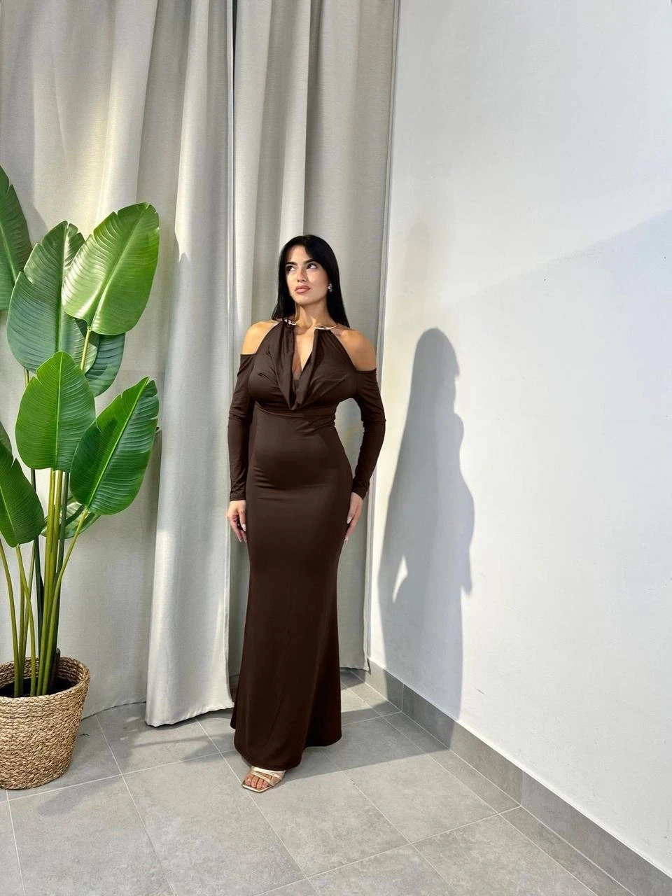 Modal Kumaş Likralı Aksesuar Detay Maxi Elbise