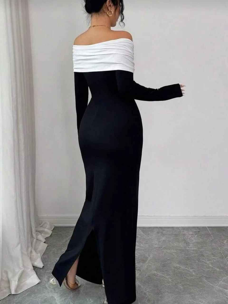 Modal Kumaş Likralı İnci Detaylı Maxi Boy Elbise