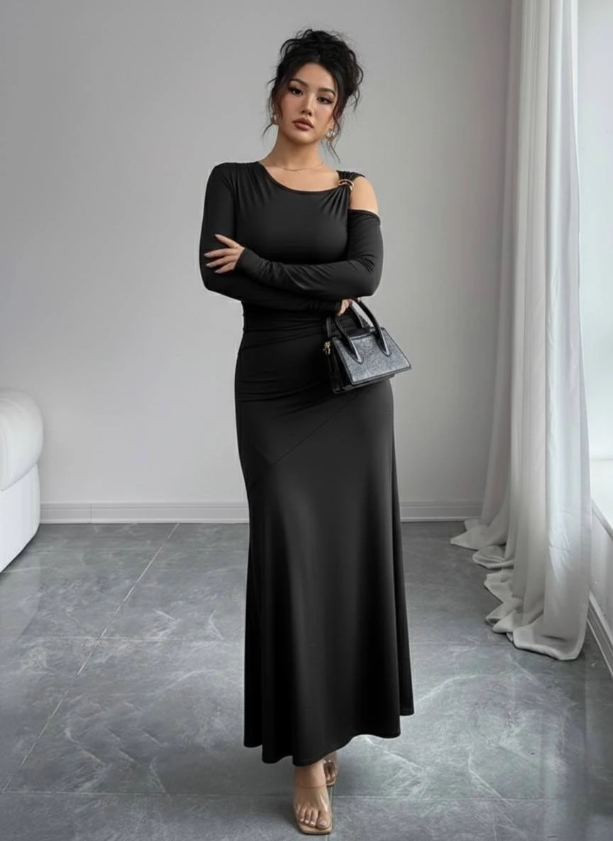 Modal Kumaş Metal Aksesuar Detay Drapeli Maxi Boy Elbise