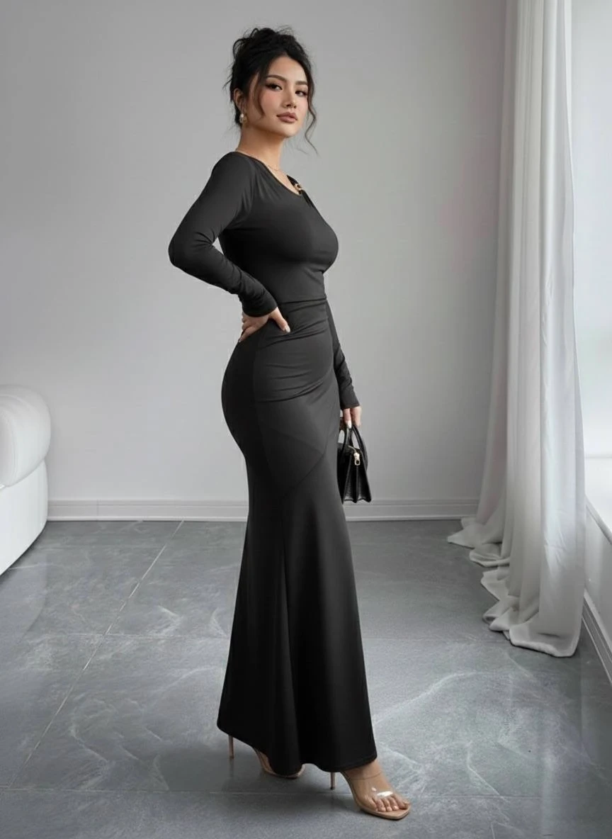 Modal Kumaş Metal Aksesuar Detay Drapeli Maxi Boy Elbise