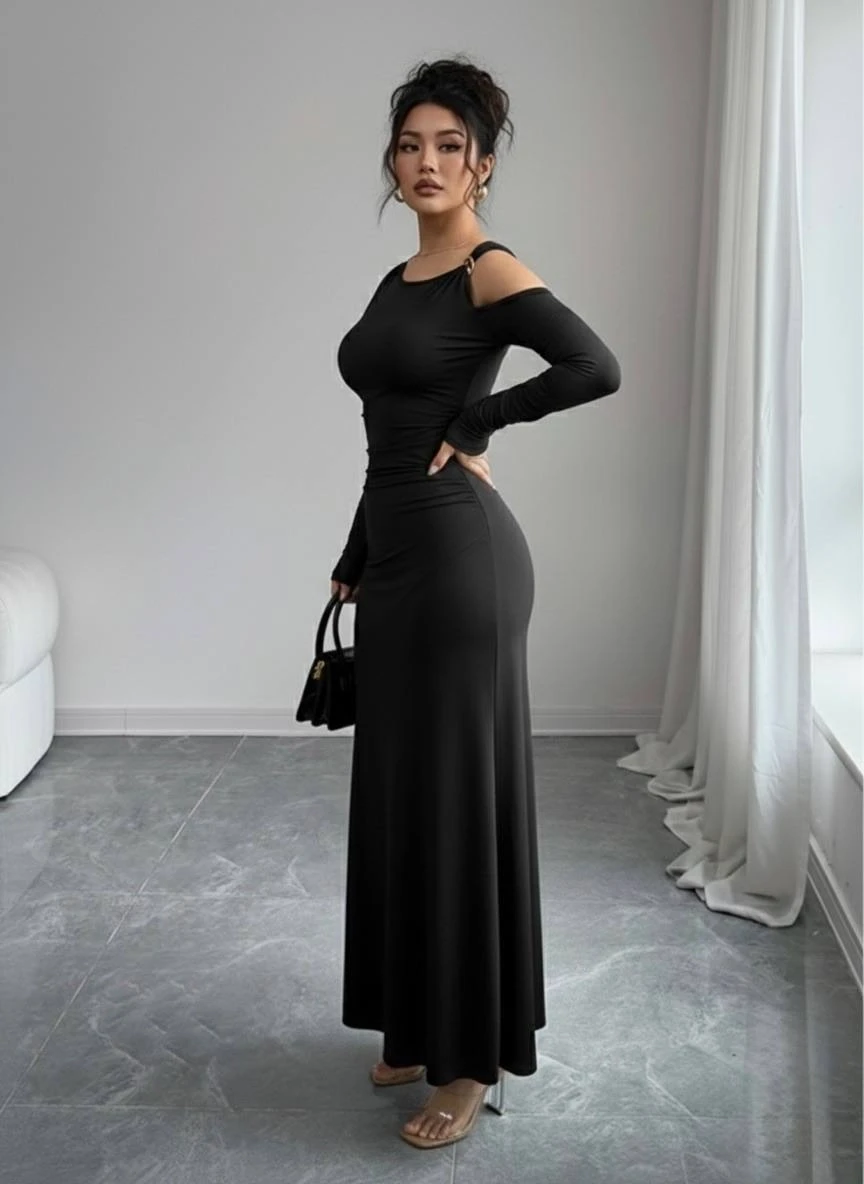 Modal Kumaş Metal Aksesuar Detay Drapeli Maxi Boy Elbise