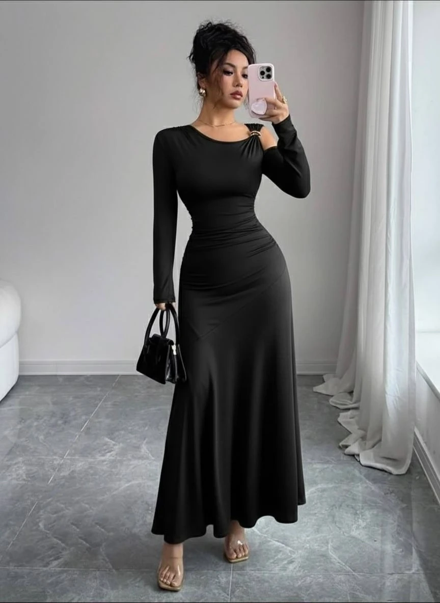 Modal Kumaş Metal Aksesuar Detay Drapeli Maxi Boy Elbise