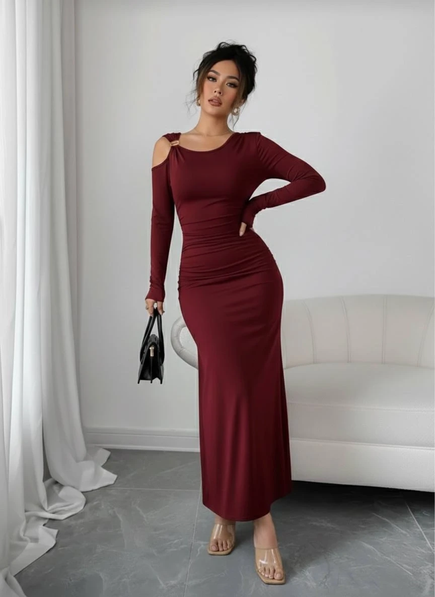 Modal Kumaş Metal Aksesuar Detay Drapeli Maxi Boy Elbise